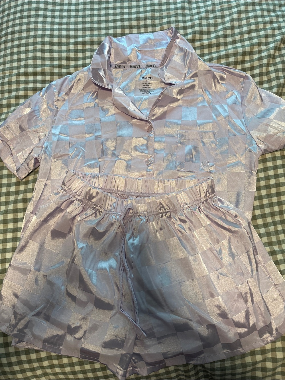 Born Lavender Satin Check Pajama Set